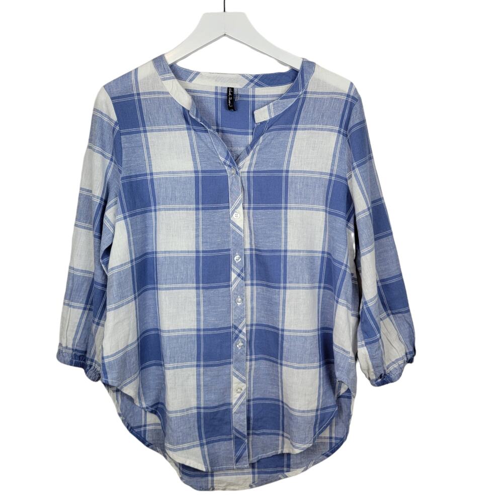 North River LINEN BLEND Blue and White Buffalo Plaid Shirt  - Size M